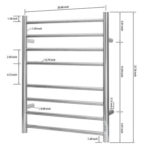 Go To Wall Mounted Towel Warmer With Built In Timer 8 Bar Heated Towel Rack Stainless Steel IP56 Waterproof Chrome Finish Ideal For Bathrooms Premium Quality LED Timer Alerts Space Saving Design, dimensions labeled