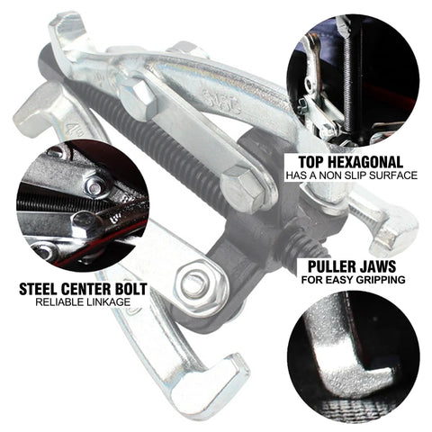 Close-up of three jaw gear puller tool set with reversible jaws for bearing and pulley removal, highlighting steel center bolt and puller jaws.