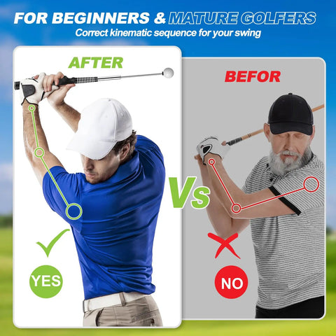 5 In 1 Retractable Golf Swing Trainer For Right Or Left Handed Players With Arm Band Included demonstrating correct swing sequence