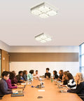 LED Crystal Flush Mount Ceiling Light Dimmable Glass Fixture Dope Look For Kitchen Island Hallway Bedroom And Bathroom Modern Square Design 4000K 24W High Refractive Crystal For Elegant Home Lighting in a meeting room with people working.