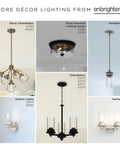 Collage of various Enbrighten lighting fixtures, including chandeliers, pendant, flush mount, vanity, and sconce lights.