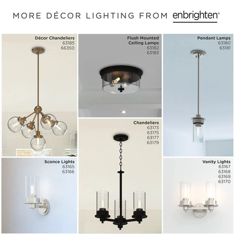 Collage of various Enbrighten lighting including chandeliers, flush mounts, pendant, sconce, and vanity lights in different styles.