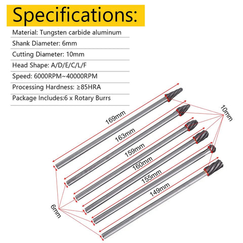 6pcs 6mm Shank Tungsten Carbide Rotary Burr Set For Die Grinder Aluminum 10mm Head showing specifications and measurements.