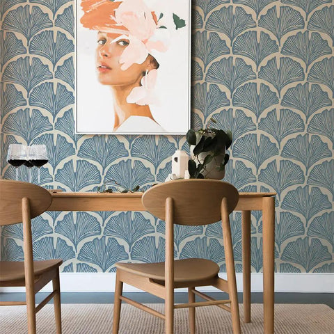 Dining room with Removable Peel And Stick Wallpaper With Blue Ginkgo Leaves On Off White Background Self Adhesive Wall Covering For A Modern Tropical Look No Mess Install Easy To Apply Peelable And Reusable Made In USA
