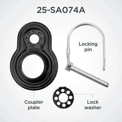 Universal Flat Bike Trailer Coupler For A Wide Range Of Bicycle Sizes And Models Easy Hookup For Cargo And Child Trailers Fits Most Standard Hitches Durable Black showing coupler plate, lock washer, and locking pin