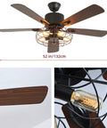 Stunning 52 Inch Retro Industrial Ceiling Fan Featuring Vintage Caged Shades And Five Reversible Solid Wood Blades With Slick Remote Controlled LED Light Kit.