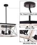 4-Light Industrial Rustic Farmhouse Pendant Light in white rectangular frame with height adjustable rods, faux wood grain finish.