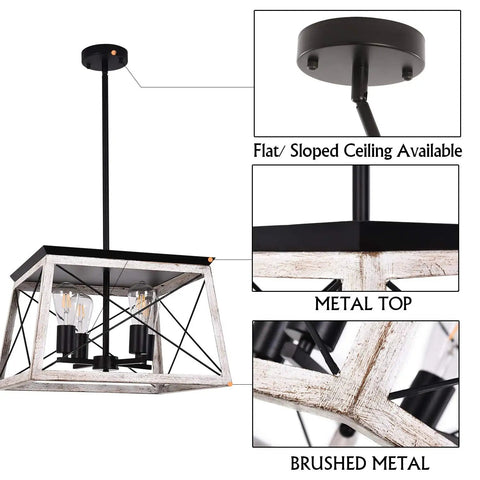 4-Light Industrial Rustic Farmhouse Pendant Light in white rectangular frame with height adjustable rods, faux wood grain finish.