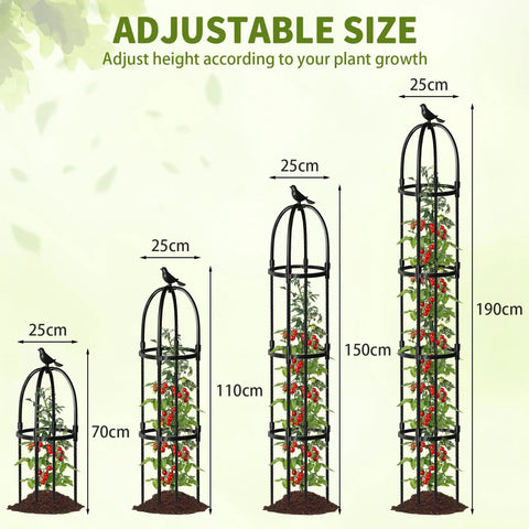 6.7Ft Rustproof Garden Obelisk Trellis for Climbing Plants, displaying adjustable size for plant support, various heights shown.
