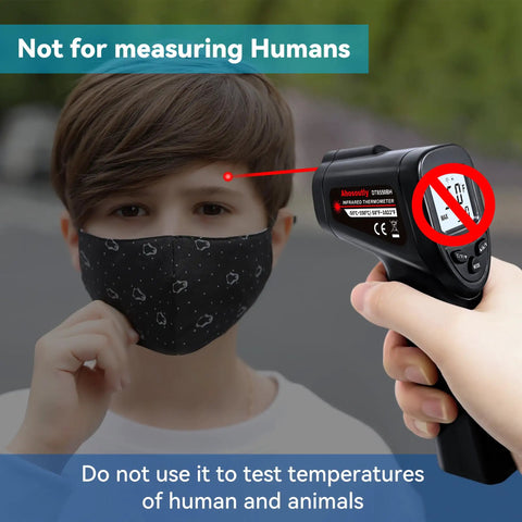 Non-Contact Infrared Thermometer Gun With Backlit Display, Instant Read From -50C To 550C, 12 To 1 Distance Spot Ratio, Adjustable Emissivity, Go-To Handheld Laser IR Thermometer For Home, Kitchen, Automotive, Black, aimed at a masked child