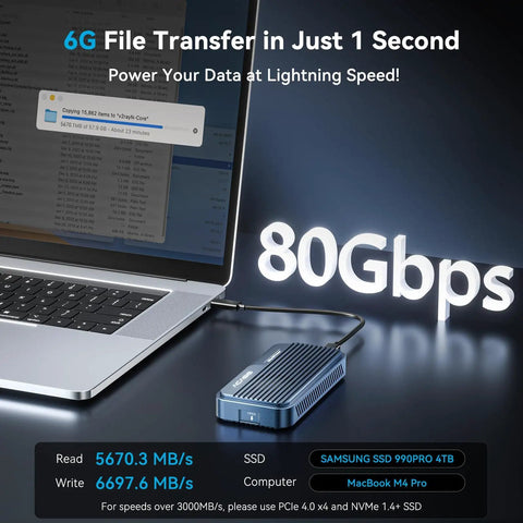 Pre Owned 80Gbps M.2 NVMe SSD Enclosure With Active Cooling Fan connected to MacBook Pro showing data transfer speed
