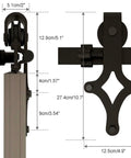 Close-up view of the 11 Ft Sliding Barn Door Hardware Track Kit With Floor Guide, showing measurements and black steel materials.