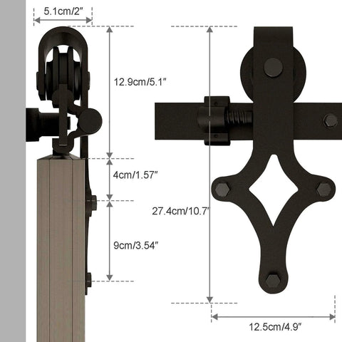 Close-up view of the 11 Ft Sliding Barn Door Hardware Track Kit With Floor Guide, showing measurements and black steel materials.