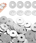 200 Pack Fender Washers Set, 3/8 In X 1-1/2 In Stainless Steel Flat Washers held in hand and scattered on surface