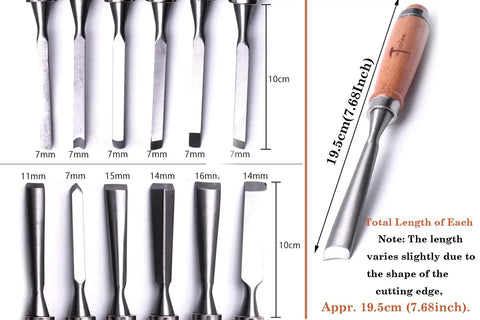 12 Piece Wood Carving Chisel Set With Roll Up Bag And Box Pro Woodworking Gouge Tools For Carpenters And Craftsmen Perfect Gift For Flower Carving Woodcarving Projects And DIY Carving, showing various blade sizes and wood handle details, with dimensions.