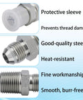 Two Pack Three Eighths JIC Male Flare To Three Eighths NPT Hydraulic Hose Adapters In Carbon Steel with protective sleeve.