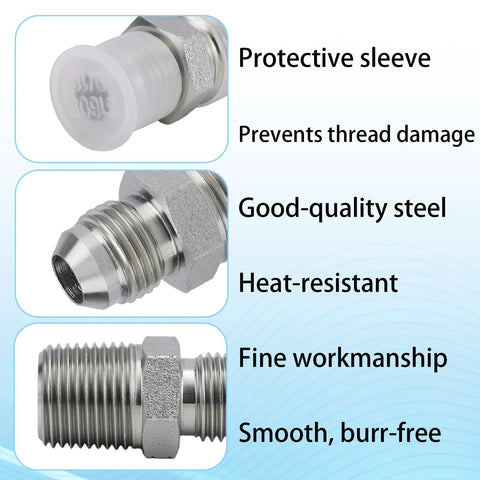 Two Pack Three Eighths JIC Male Flare To Three Eighths NPT Hydraulic Hose Adapters In Carbon Steel with protective sleeve.
