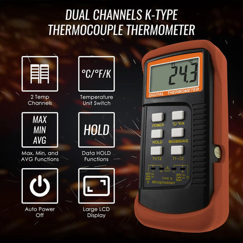 Dual Channel Digital Thermometer With K Type Probes, featuring large LCD display and various functions, high accuracy temperature meter.