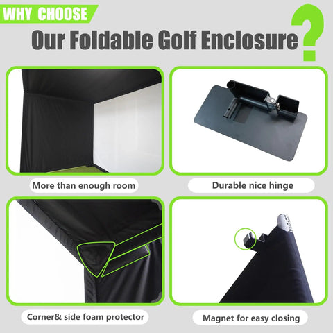 Features of a Foldable Golf Enclosure Kit For Home Use With Easy Setup And Space Saving Indoor Golf Simulator For Realistic Full Swing Practice.