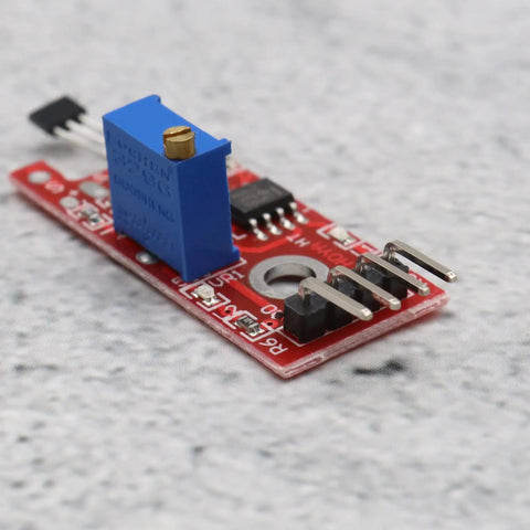 KY 024 Linear Magnetic Hall Effect Sensor Module with adjustable sensitivity potentiometer and dual outputs, close-up view.