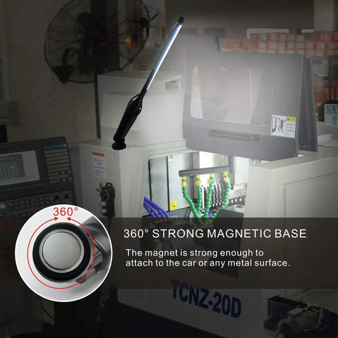 Rechargeable COB Work Light With 700 Lumens Magnetic Cordless LED with 360° magnetic base shown near workshop equipment.