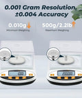Pro Grade 500g Analytical Balance With 0.001g Readability Digital Lab Scale displayed with 0.010g and 500g weights, showing accuracy