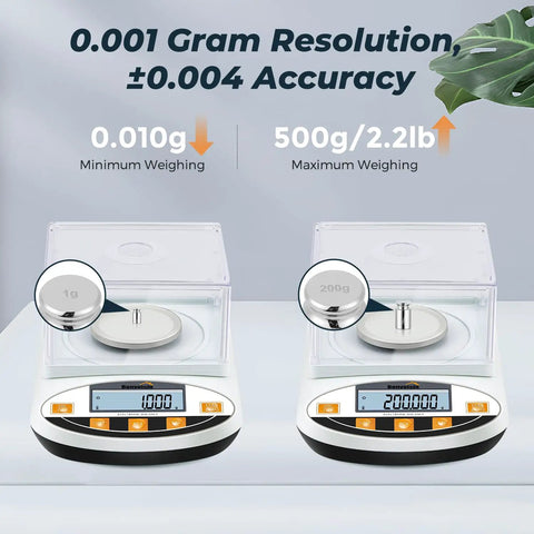 Pro Grade 500g Analytical Balance With 0.001g Readability Digital Lab Scale displayed with 0.010g and 500g weights, showing accuracy