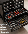 Heavy Duty Magnetic Toolbox Labels Set, 12 Pack Red, 3D Breaker Style on black toolbox with organized tools visible