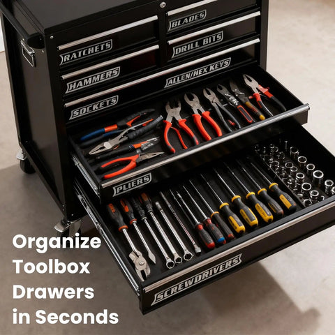 Heavy Duty Magnetic Toolbox Labels Set, 12 Pack Red, 3D Breaker Style on black toolbox with organized tools visible