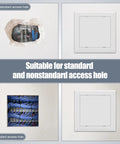 Heavy Duty Self Adhesive Access Panel 8X8 Drywall Hole Cover for plumbing pipes, showing installation over access holes.
