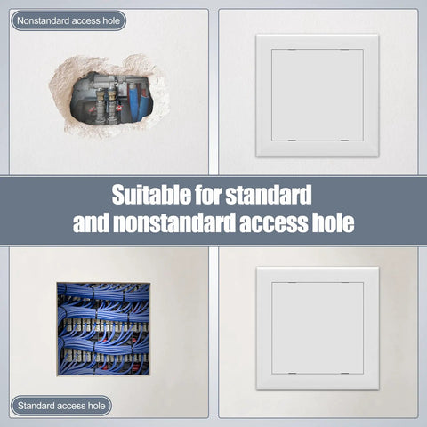Heavy Duty Self Adhesive Access Panel 8X8 Drywall Hole Cover for plumbing pipes, showing installation over access holes.