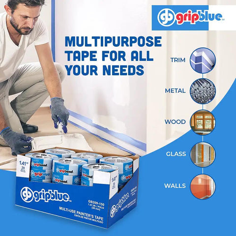 Man applying Blue Painter's Tape Pro-Grade 1.5 Inch Wide for clean lines on trim, box showing 30 rolls, suitable for multi-surface use.