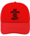 Red Ponytail Baseball Hat For Men with 'No Crying On The Yacht' text, breathable design for outdoor adventure