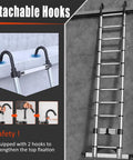 Beefy 15 Foot Aluminum Telescoping Ladder With Hooks And Stabilizer shown with detachable hooks for secure stabilization.