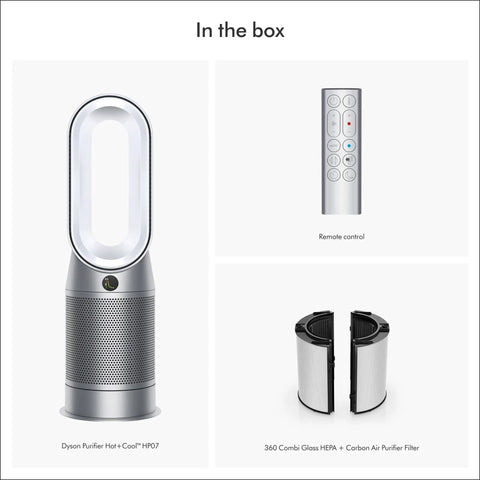 Hot And Cool HP07 Air Purifier With Heater And Fan, remote control, HEPA H13 filter, large white and silver, in the box view