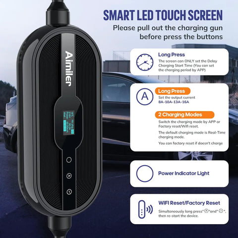 Portable Tesla Ev Charger Built For Home Level 1 And 2 Quick Charging 16 Amp 25 Foot Cable Etl Certified with LED touch screen.