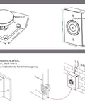 Diagram of Emergency Smokeproof Electromagnetic Door Holder American Type Flush Wall Mount, installation and dimensions shown.