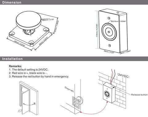 Diagram of Emergency Smokeproof Electromagnetic Door Holder American Type Flush Wall Mount, installation and dimensions shown.