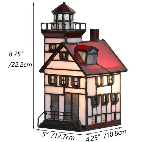 Lorain Lighthouse Tiffany Style Stained Glass Accent Table Lamp Night Light For Home Decor, Red Glass Glow, Warm Finish, 5x8.75 Inch