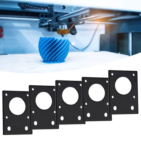 Image of 5 Pack Aluminum Motor Mount Plate Kit for NEMA 17 Stepper Motors, showcasing black 42x42mm mounting plates for 3D printers.
