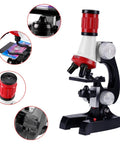 Kids Microscope Kit For Beginners With LED Light 100X 400X And 1200X Magnification features and side view