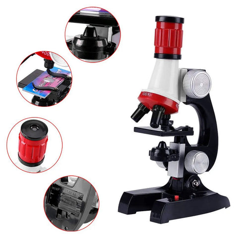 Kids Microscope Kit For Beginners With LED Light 100X 400X And 1200X Magnification features and side view