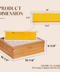 10 Frame Medium Bee Super Box With Beeswax Coating For Langstroth Hives, showing product dimensions and dovetail construction