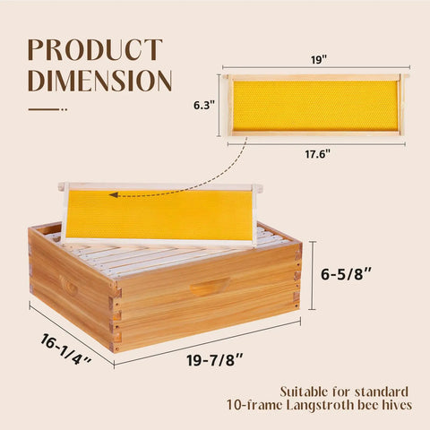10 Frame Medium Bee Super Box With Beeswax Coating For Langstroth Hives, showing product dimensions and dovetail construction