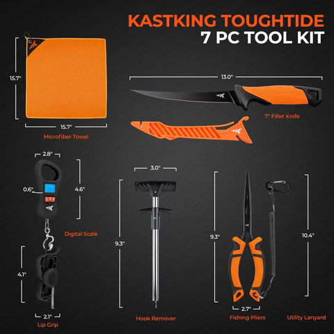 7 Piece Fishing Tool Kit With Rechargeable 65Lb Digital Fish Scale, Lip Grip And Tape Measure, 7 Inch Fillet Knife, and more