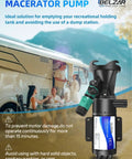 12V RV Macerator Pump With 3 Inch Large Port, 12 GPM Flow, displayed beside an RV, features stainless steel cutter