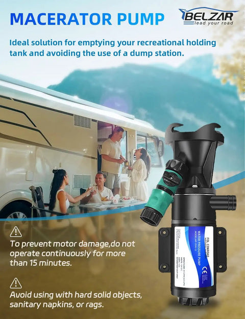 12V RV Macerator Pump With 3 Inch Large Port, 12 GPM Flow, displayed beside an RV, features stainless steel cutter