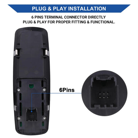Passenger Side Power Window Switch Replacement 4602544AG Compatible With 2008 2012 Grand Caravan Town And Country Liberty Journey Ram 1500 Nitro, plug and play 6-pin connector close-up.