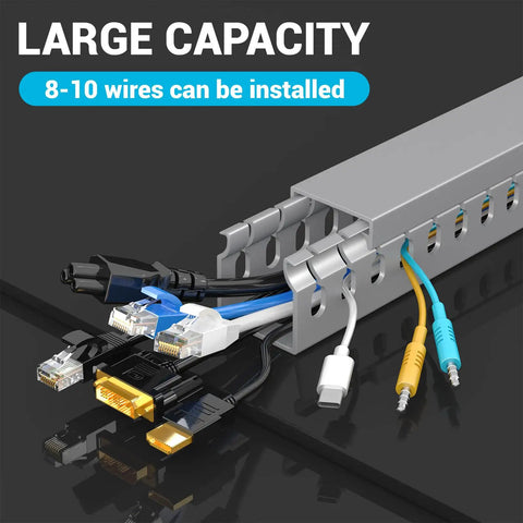 Open Slot Cable Duct Kit 62.8 Inches Four Pack Cable Management Raceway holding HDMI, Ethernet, VGA cables connected under desk.