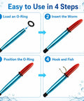 Illustration of Worm Rig Tools Kit With 320 Wacky O Rings showing 4-step fishing process with aluminum tool